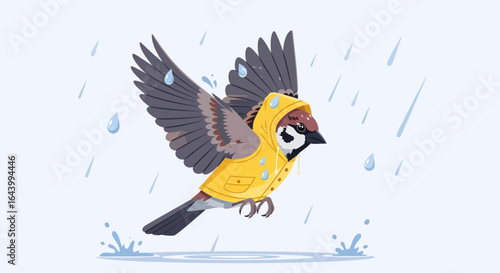A delightful illustration of a sparrow wearing a yellow raincoat in the rain weather