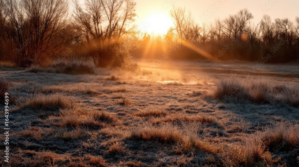 Frosty Meadow at Dawn with Sunrise Illuminating Nature's Beauty Frosty Meadow at Dawn with Sunrise Illuminating Nature's Beauty
