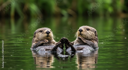 Two Adorable Sea Otters Holding Paws, Floating in Symmetrical Harmony