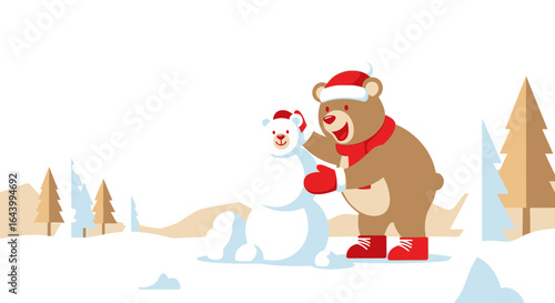 A delightful winter scene depicting a charming bear building a snowman with glee in a snowy landscape filled with winter trees