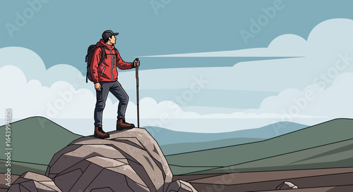 A determined hiker stands atop a rocky peak with a stick, overlooking a vast landscape and a cloudy sky