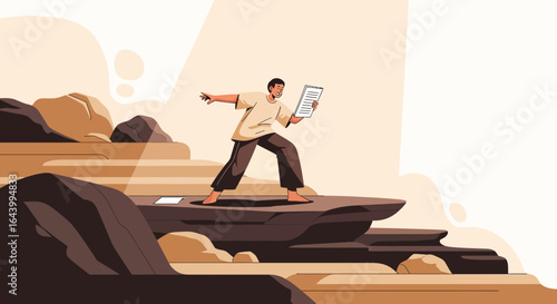 A determined individual standing confidently amidst rocky terrain while reviewing document