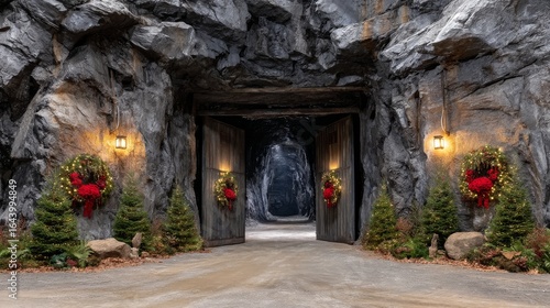 Entrance of a Coal Mine Decorated for Christmas with Festive Wreaths and Trees Amidst a Rocky Landscape