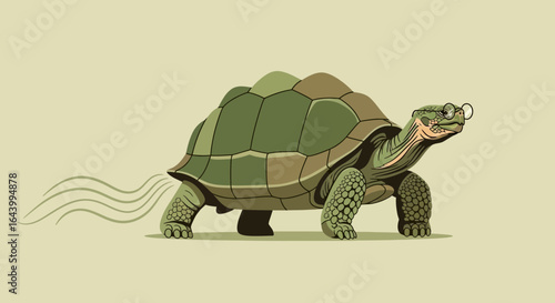 A determined turtle wearing glasses moves with surprising speed leaving speed lines behind him showcasing intelligence and quickness