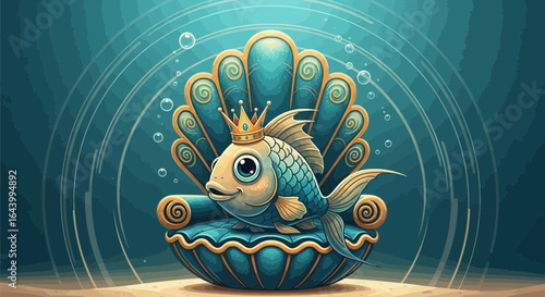 A whimsical illustration of a crowned fish sitting regally on a seashell throne under the sea