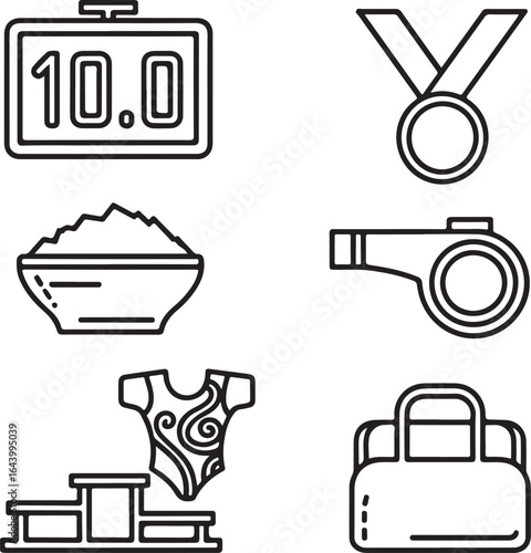 Gymnastics Competition Essentials Icon Set Scoreboard, Medal, Chalk Bowl, Coach Whistle, Leotard, Award Podium, and Training Bag Line Art Pack