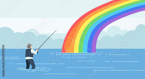 A whimsical illustration of a fisherman pursuing the elusive rainbow's end in a tranquil lake
