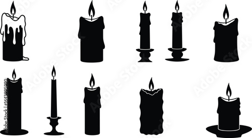 Candle silhouettes collection, burning flames, wax shapes, black and white vector, decorative elements, spiritual light, illustration, design resource