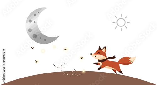 A whimsical illustration of a fox enjoying a magical night filled with fireflies and moonlight