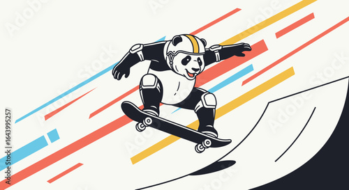 A dynamic panda skateboarder design with vibrant stripes against a white background is engaging and modern