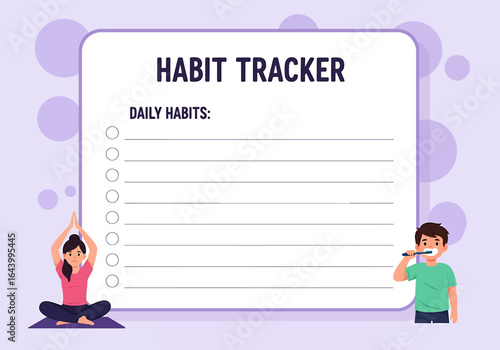 Illustrated habit tracker with yoga pose and boy brushing teeth