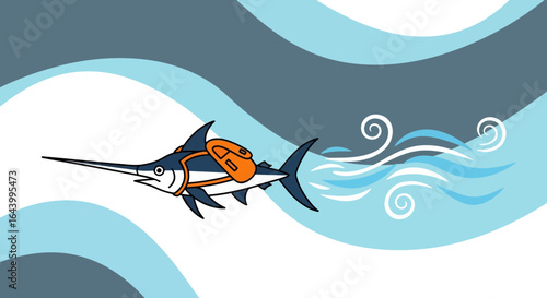 A whimsical illustration of a marlin wearing a backpack swimming through stylized ocean waves