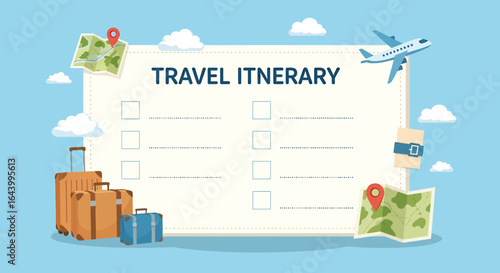Illustrated travel itinerary with suitcases, airplane, maps, and clouds