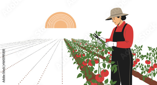 A farmer harvests tomatoes in a field on a bright day with a minimalist design style