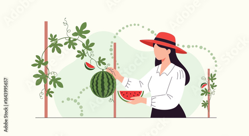 A farmer harvests watermelons from her garden, showcasing a healthy and sustainable lifestyle