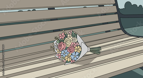 A floral bouquet on a wooden park bench conveys peace and remembrance a touch of solitude in nature's embrace