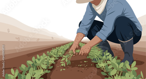 A Focused Farmer Cultivating Crops with Precision in a Vibrant Agricultural Setting