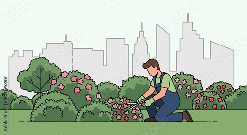 A Focused Gardener Maintaining a City Park's Shrubs, Illustrating Urban Greenery Preservation with a Serene Skyline Backdrop