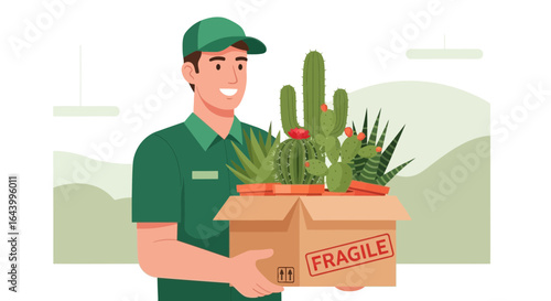 A friendly delivery man carries a fragile box full of cactuses and succulents
