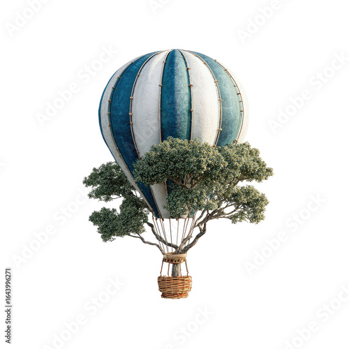 A whimsical hot air balloon, elegantly designed in blue and white, with a lush green tree growing from its basket, floats serenely against a black backdrop