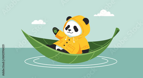 Adorable panda in a yellow raincoat sailing on a leaf boat adventure on water