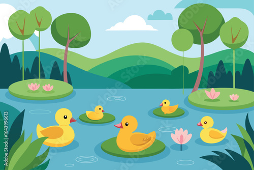 peaceful lake with ducklings and lily pads 