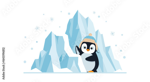 Adorable penguin with a winter hat standing next to a giant iceberg illustration