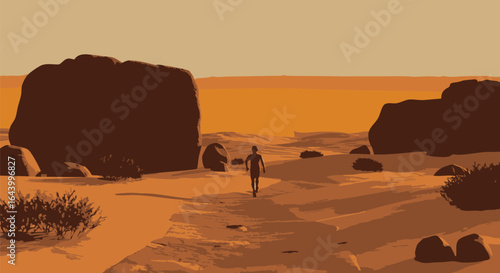 A solitary explorer on an epic journey walking through a vast and barren desert canyon landscape.