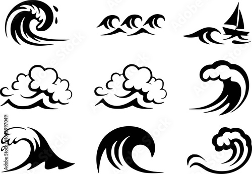 Black and white stylized wave illustrations with a sailboat water ocean
