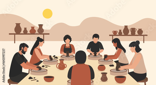 A group of people engaged in pottery making, creating art in a workshop setting while learning and enjoying the craft