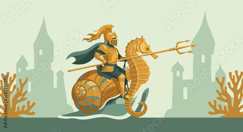 A golden knight riding a seahorse and snail shell near a kingdom illustration