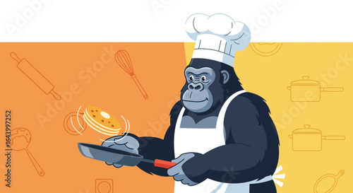 A gorilla chef flipping pancakes on a colorful culinary background illustration