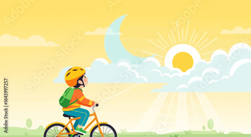 A happy child riding a bicycle outdoors enjoying the beautiful weather and sunshine in a serene and peaceful landscape illustration