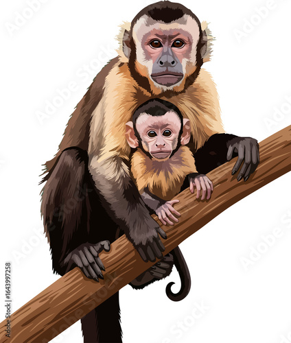 Female capuchin monkey (Sapajus apella) protecting her infant, vector illustration with transparent background, intelligent neotropical primate from Central and South American rainforests.