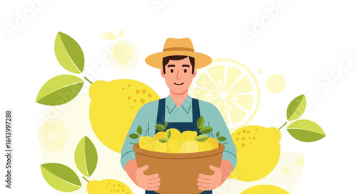 A happy farmer is holding a basket full of fresh lemons from the orchard harvest season ripe for consumption