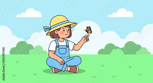 A happy young girl in overalls and a hat makes friends with a butterfly outdoors on a sunny day