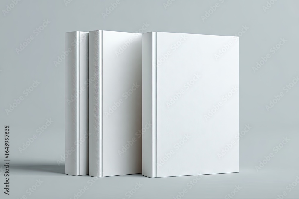 Three blank, white hardcover books stand upright against a light gray background, subtly casting shadows Three blank, white hardcover books stand upright against a light gray background, subtly casting shadows