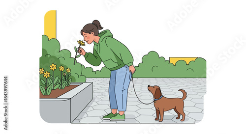 A woman enjoys the scent of flowers during a leisurely stroll with her dog in the park