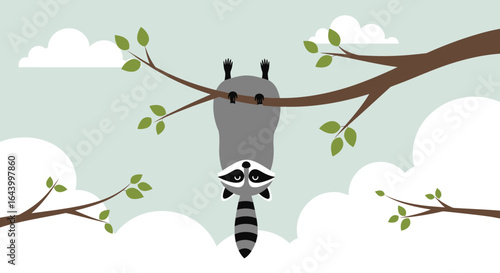 Adorable raccoon hanging upside down from a tree branch in a whimsical sky background design