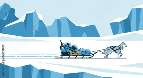 A husky dog pulling a sled across a snowy plain beneath towering ice mountains, depicting winter in an arctic landscape