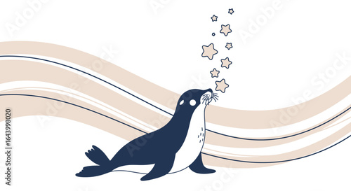 Adorable seal pup blowing star-shaped bubbles with nautical wave background illustration