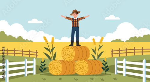 A joyful farmer standing triumphantly atop hay bales in a serene countryside scene