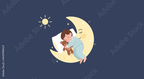 Adorable vector illustration of a child sleeping on a crescent moon with a teddy bear under the night sky