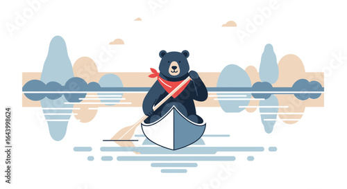 Adventure awaits as a brave bear canoes through a serene lake landscape vector art