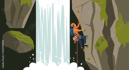 Adventure seeker scaling a rugged cliff face beside a cascading waterfall offering breathtaking scenic views