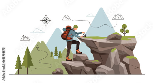 Adventurer checking compass on mountain peak illustration destination achievement exploring nature journey outdoor escapade trip trekking tourism recreation
