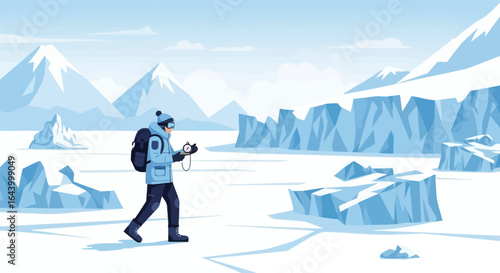 Adventurer navigates frozen landscape with compass, embracing arctic challenge exploration