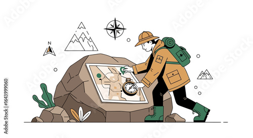 Adventurer navigates using map and compass in outdoor exploration minimal illustration
