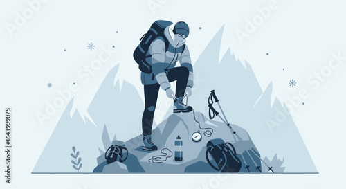 Adventurer preparing for a mountain climb in winter vector illustration for outdoor exploration with gear and snowy landscape