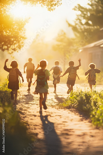 Wallpaper Mural Joyful school children running to school in the town street in autumn. Back to school concept. Torontodigital.ca